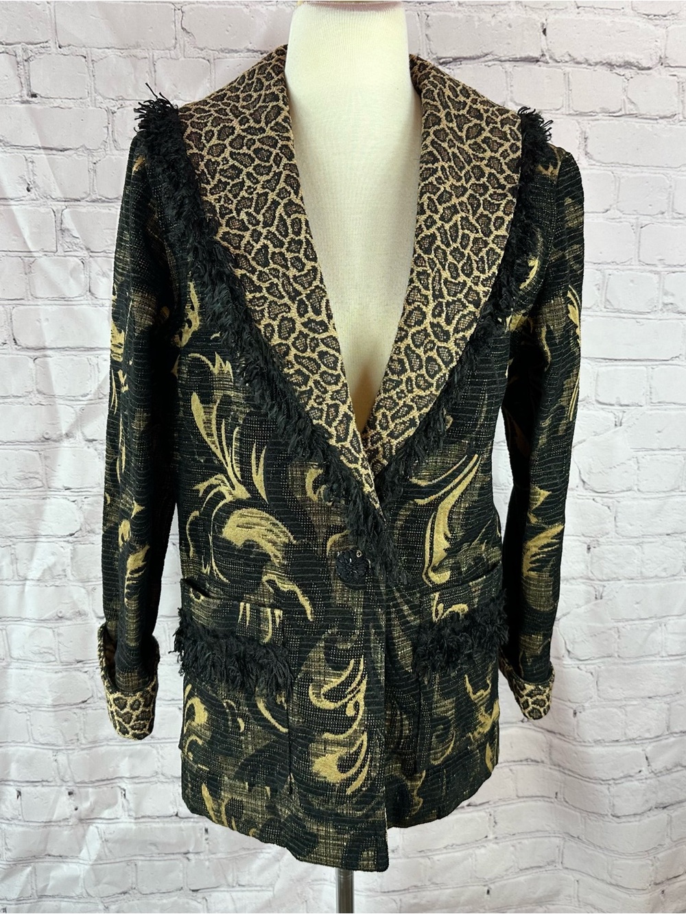 vtg cactus flower leopard tapestry Blazer women XS heavy maximalist boho glam